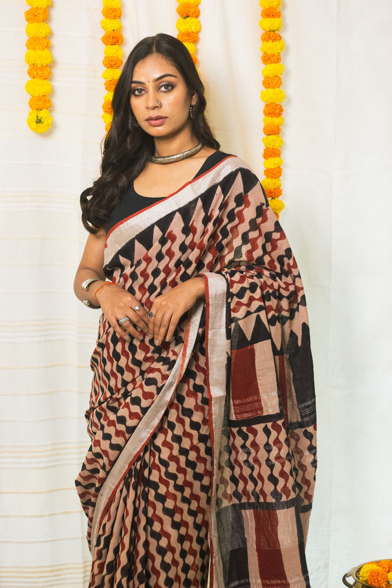 Linen Cotton Bagru Saree Rustic Waves-2