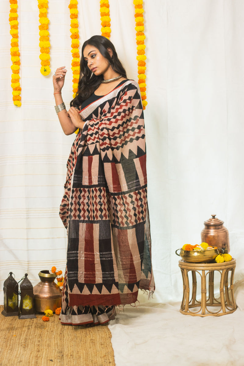 Linen Cotton Bagru Saree Rustic Waves-3