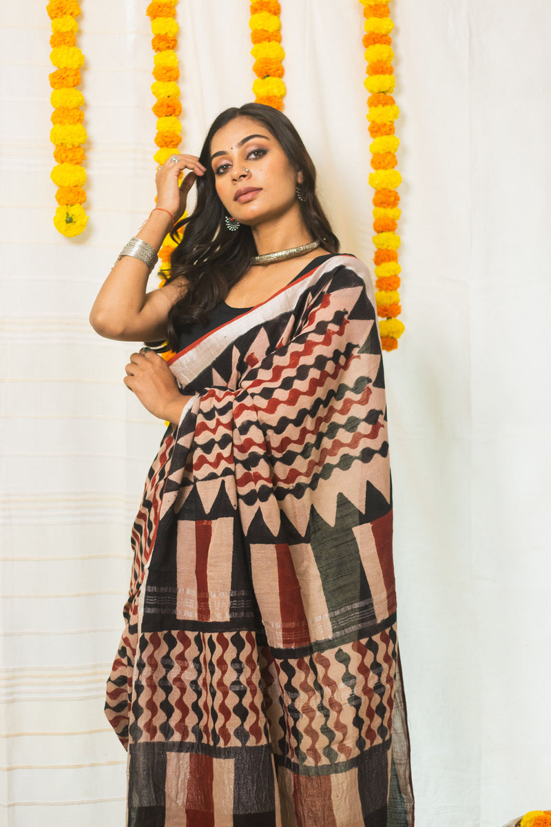 Linen Cotton Bagru Saree Rustic Waves-4