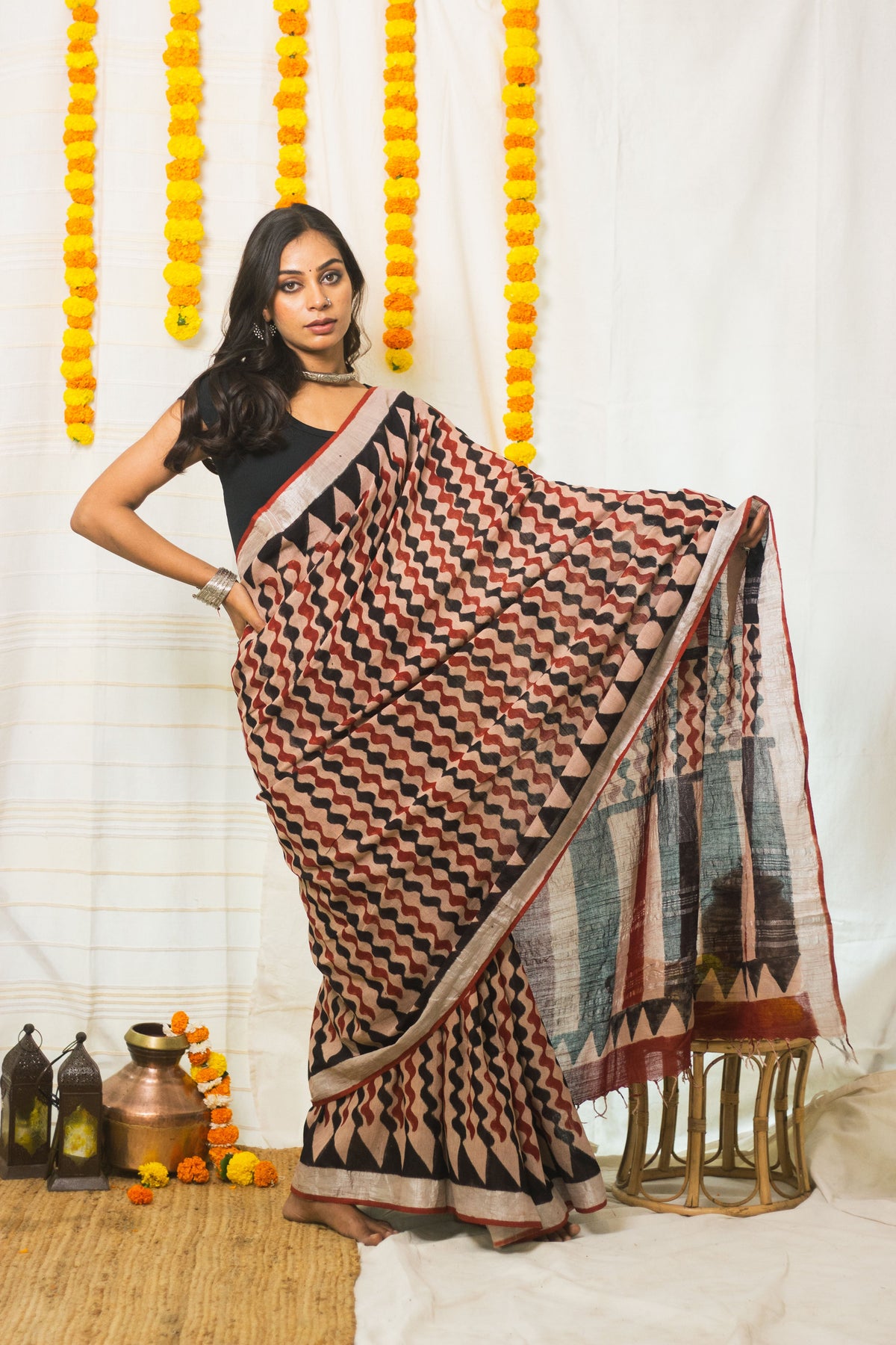 Linen Cotton Bagru Saree Rustic Waves-5