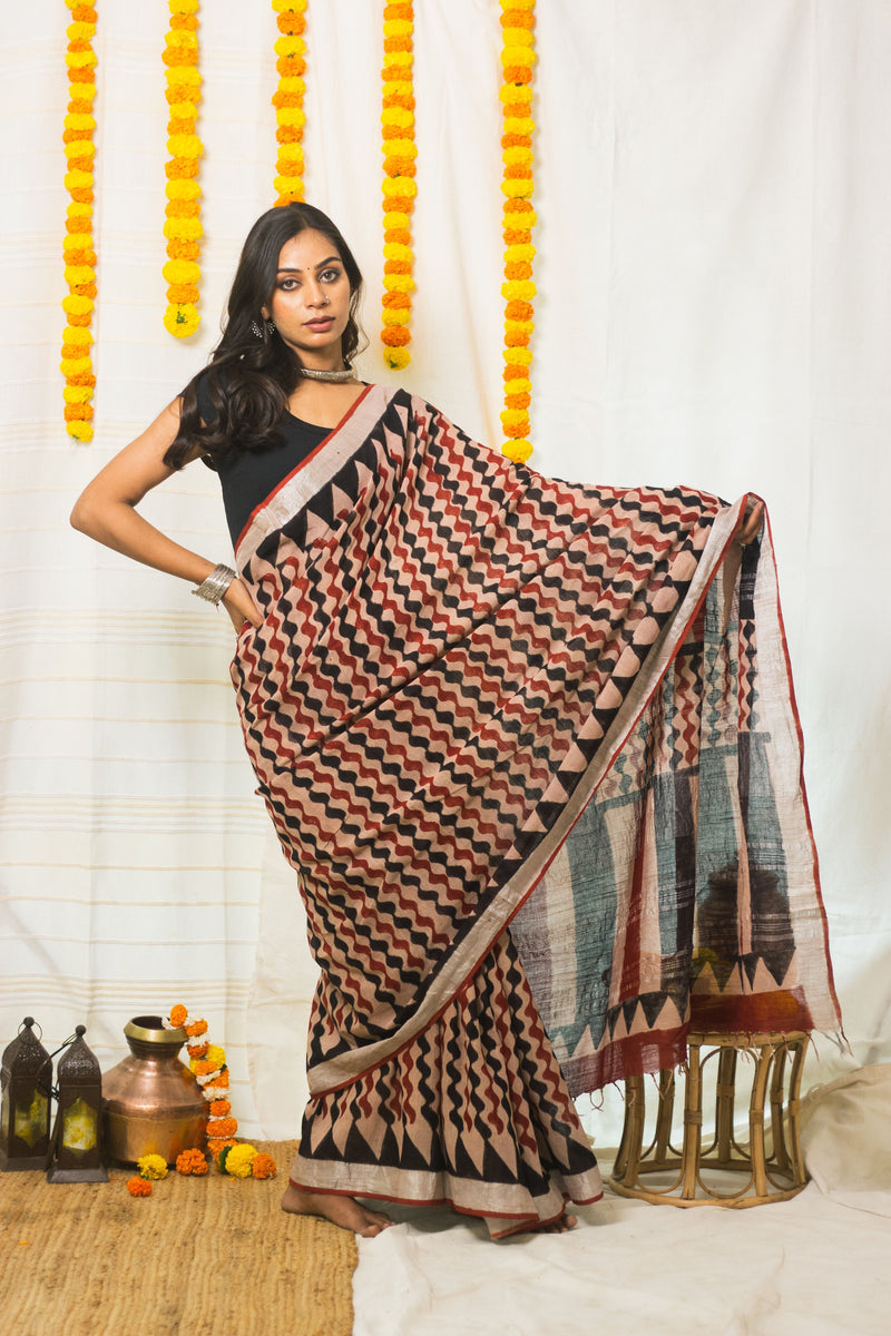 Linen Cotton Bagru Saree Rustic Waves-5