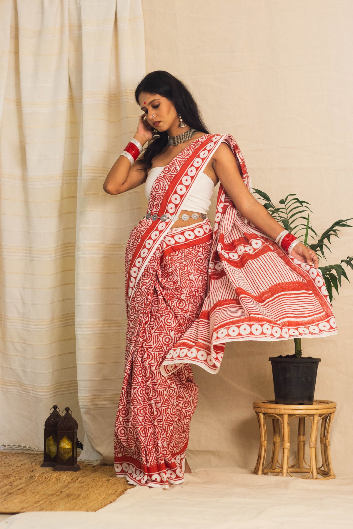 Mul Cotton Block Printed Saree • Geometry Box Red-6