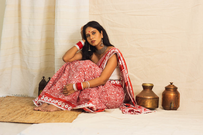 Mul Cotton Block Printed Saree • Geometry Box Red-7