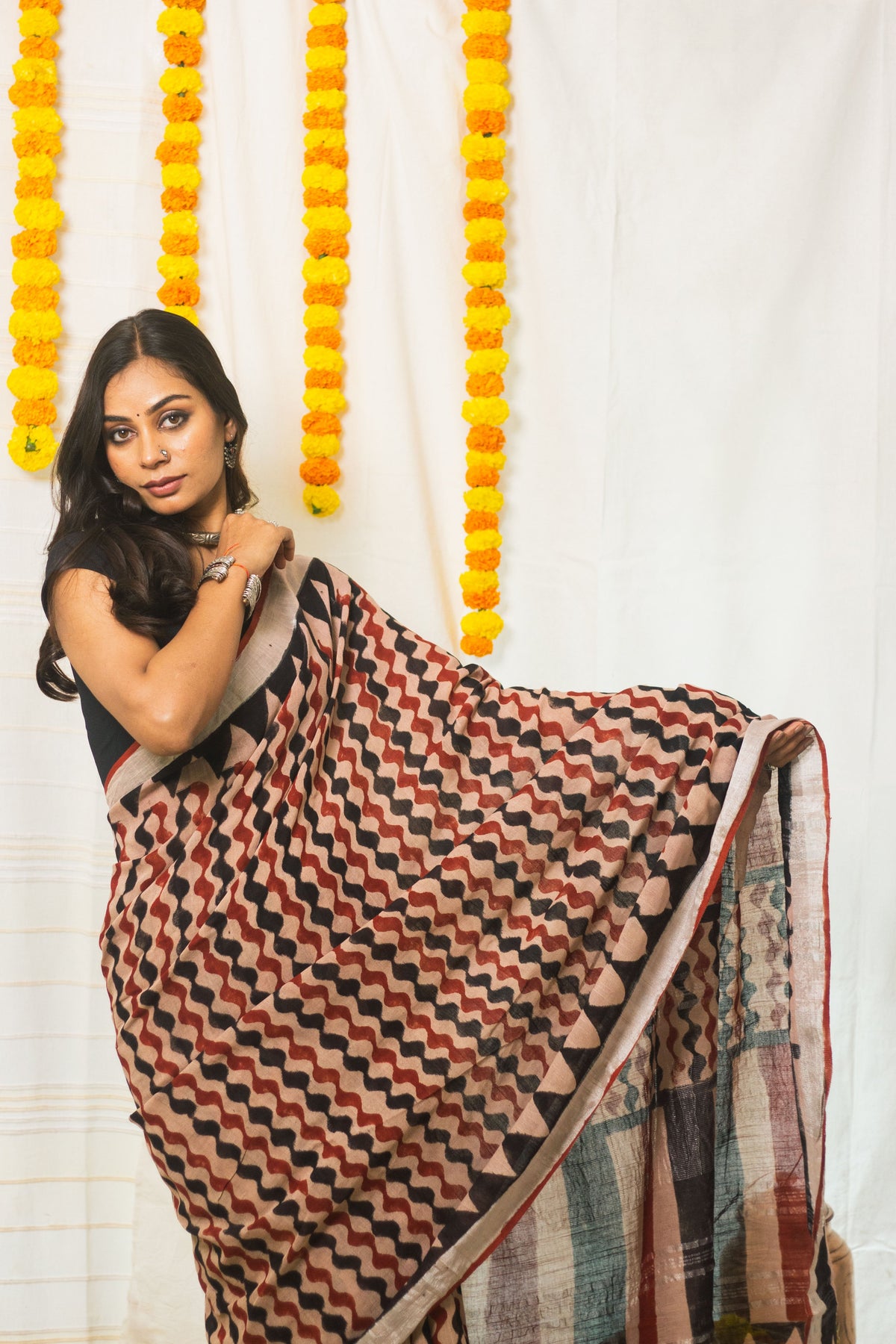 Linen Cotton Bagru Saree Rustic Waves-6