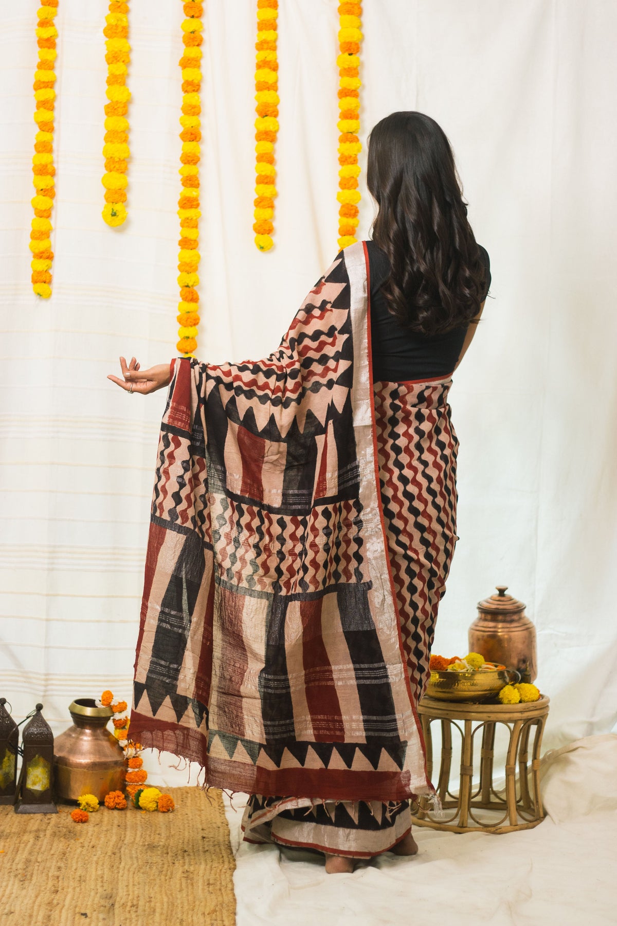 Linen Cotton Bagru Saree Rustic Waves-7