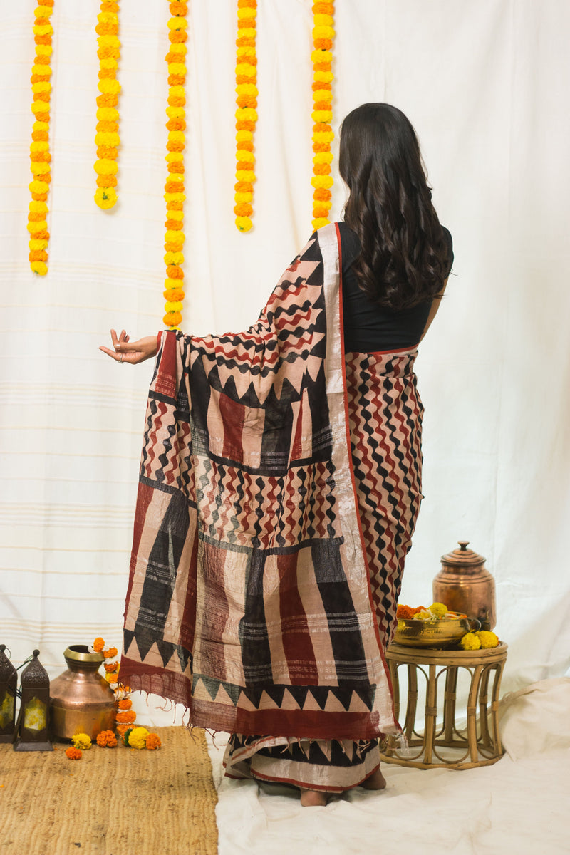 Linen Cotton Bagru Saree Rustic Waves-7