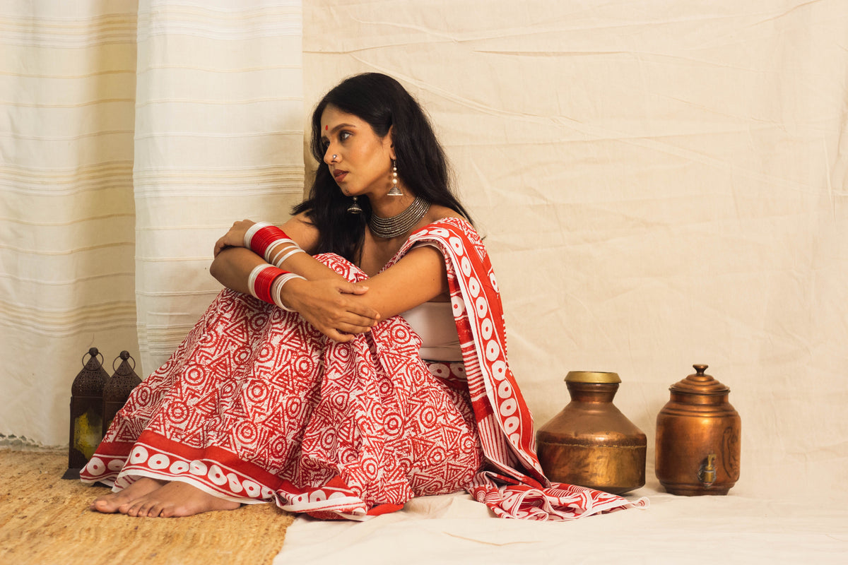 Mul Cotton Block Printed Saree • Geometry Box Red-8