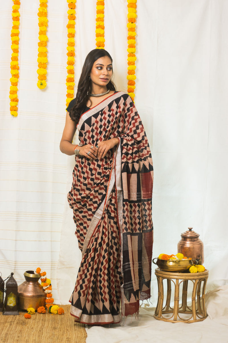Linen Cotton Bagru Saree Rustic Waves-8