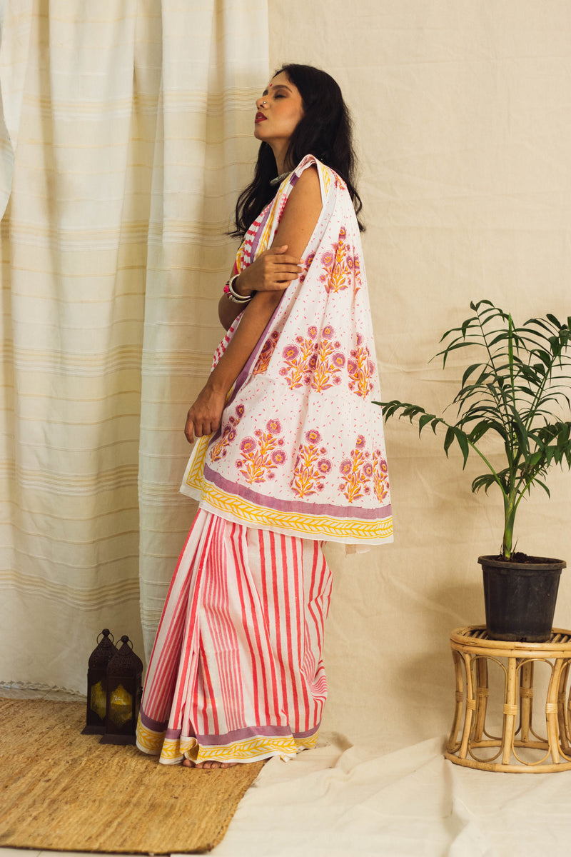 Mul Cotton Block Printed Saree • Indian Barbie Stripes-1