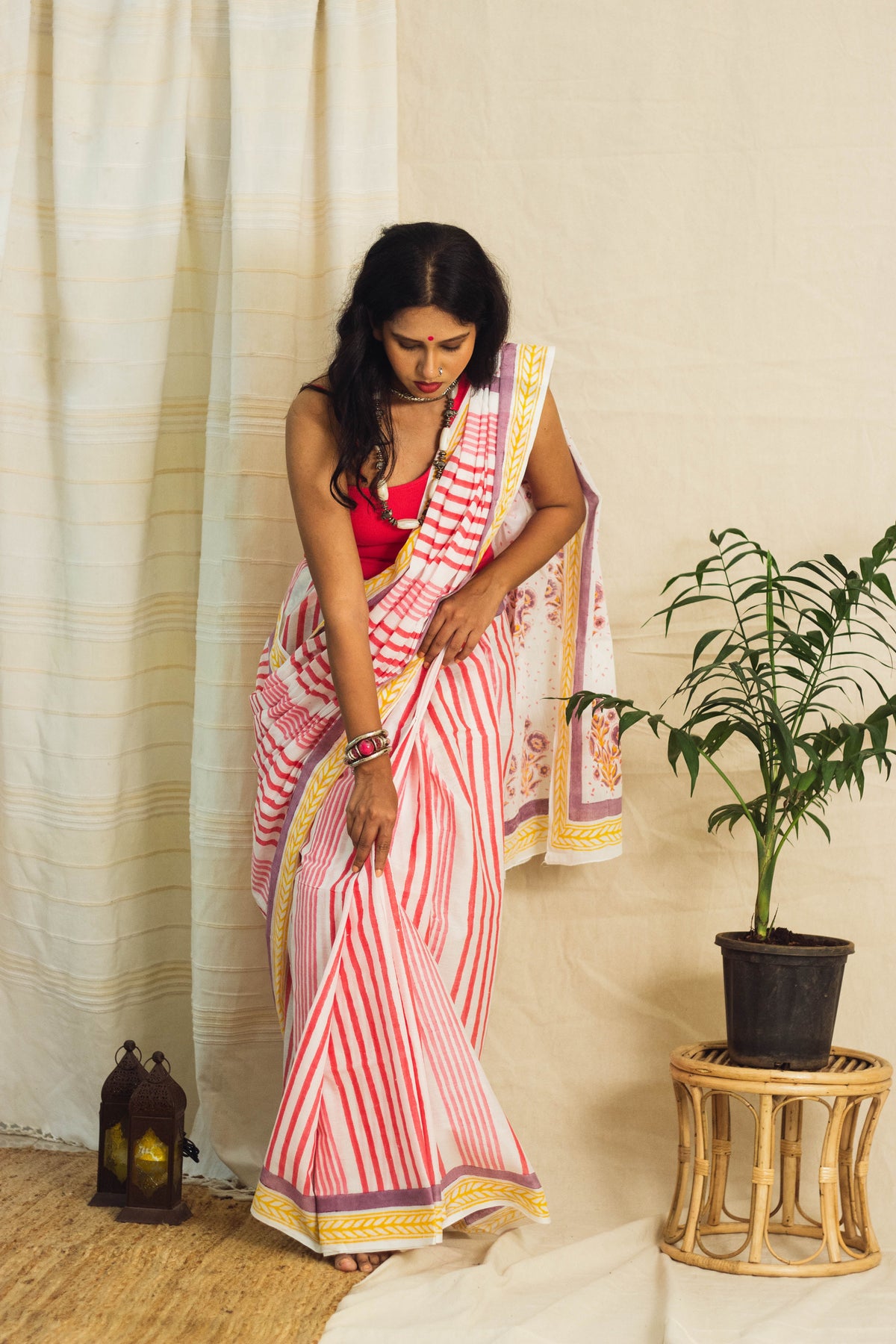 Mul Cotton Block Printed Saree • Indian Barbie Stripes-2