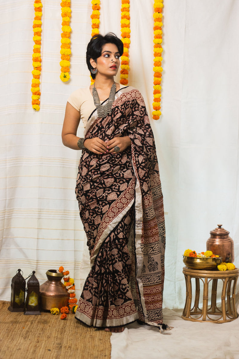 Linen Cotton Bagru Saree Raat Rani-1