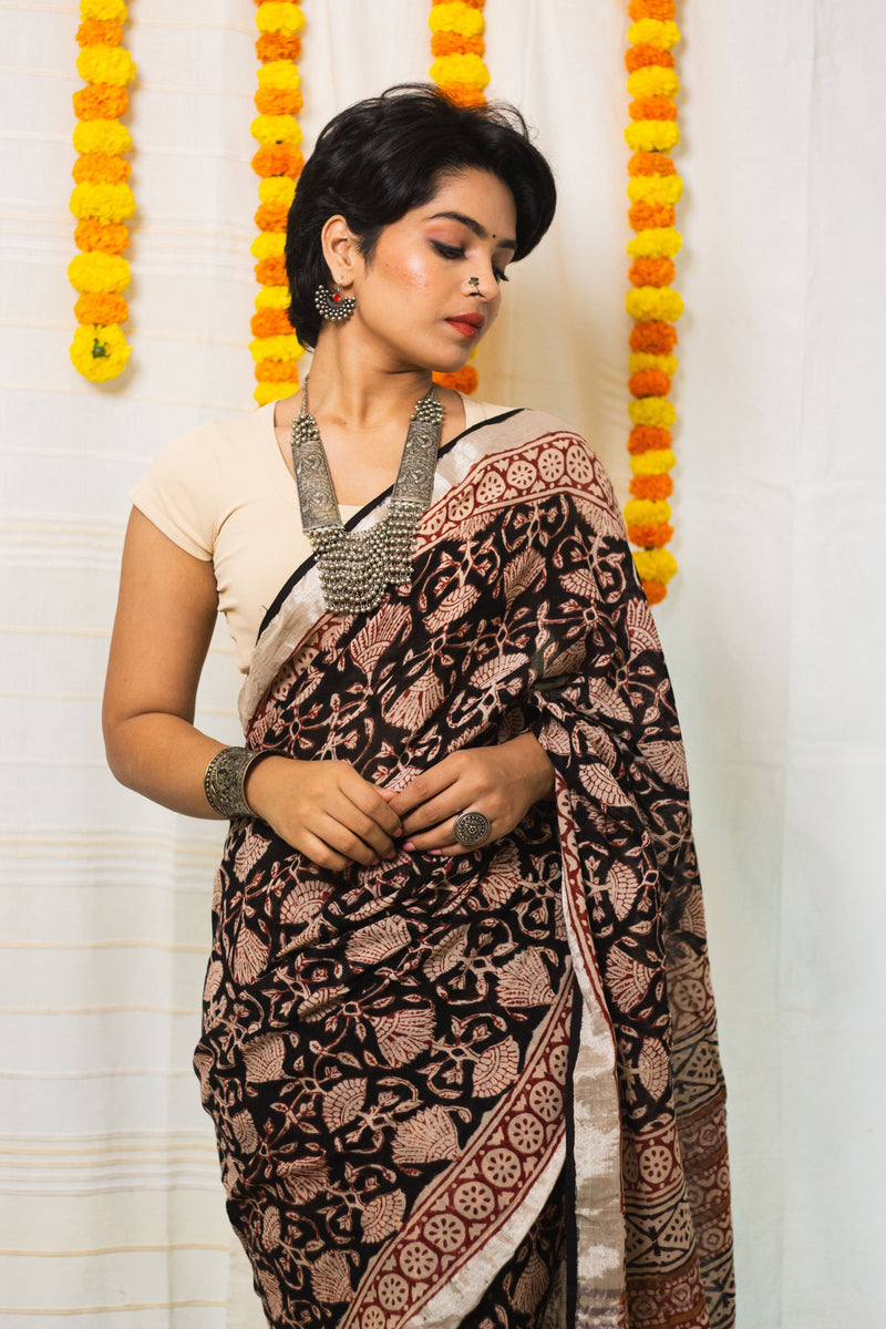 Linen Cotton Bagru Saree Raat Rani-2
