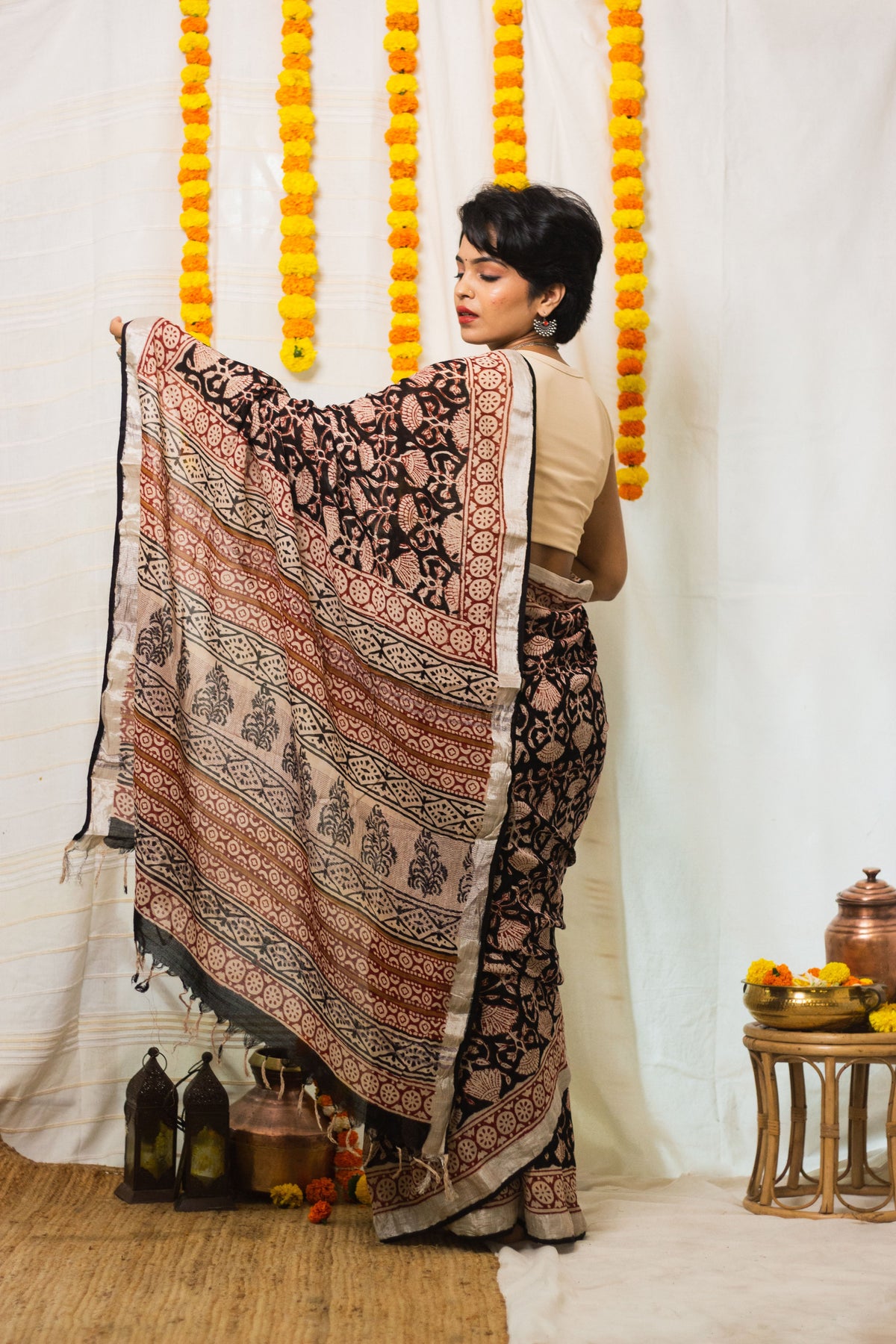 Linen Cotton Bagru Saree Raat Rani-3