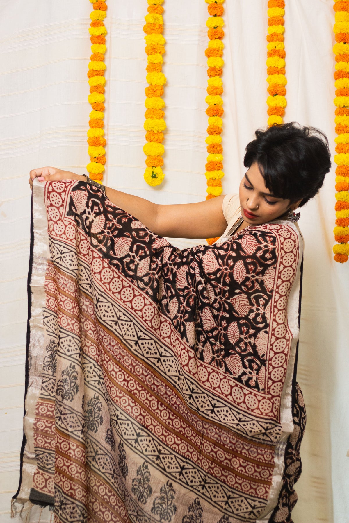 Linen Cotton Bagru Saree Raat Rani-4