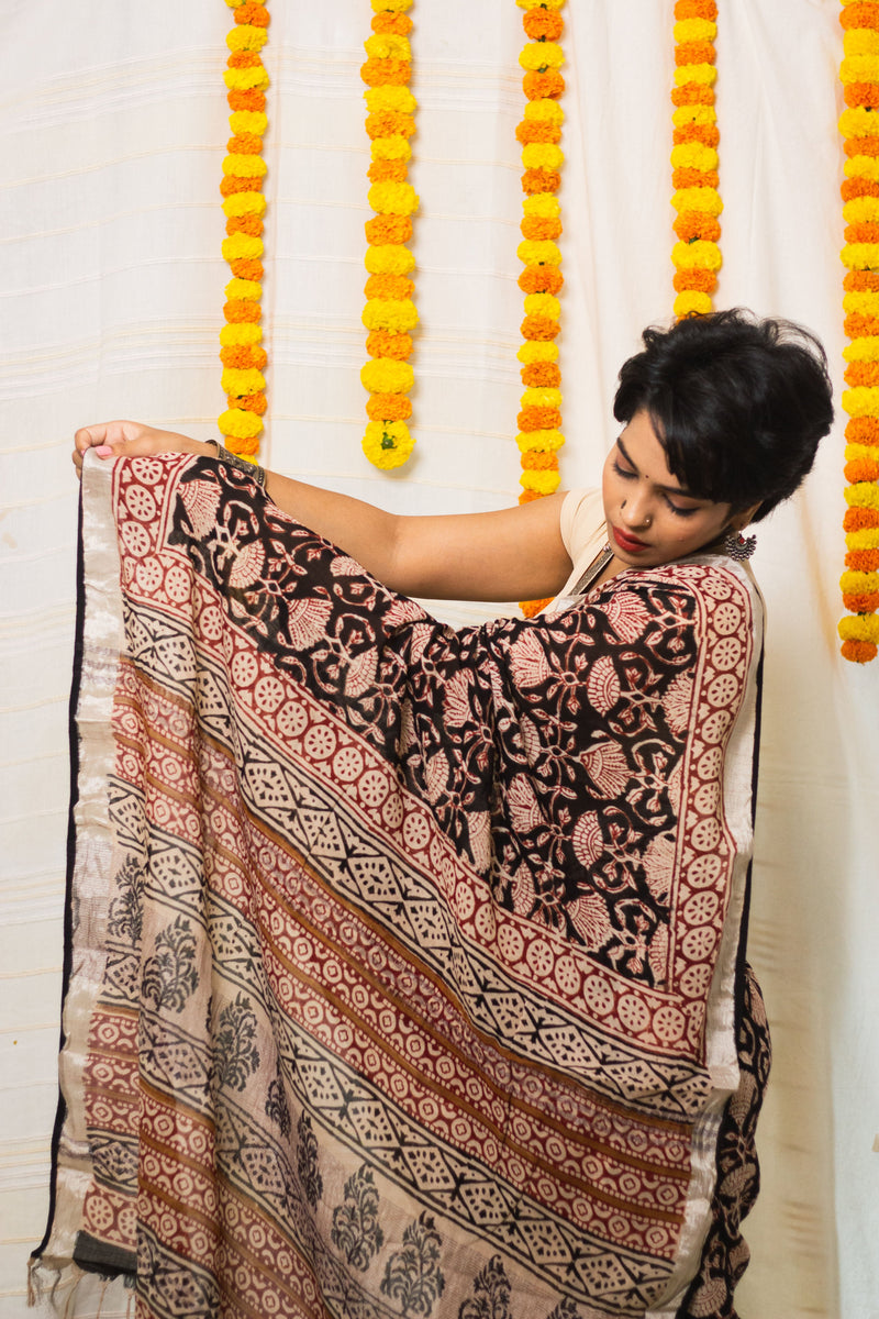 Linen Cotton Bagru Saree Raat Rani-4