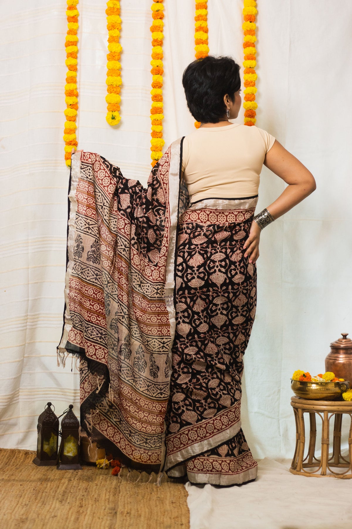 Linen Cotton Bagru Saree Raat Rani-5