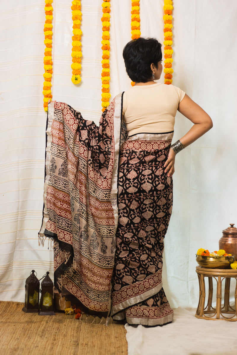 Linen Cotton Bagru Saree Raat Rani-5