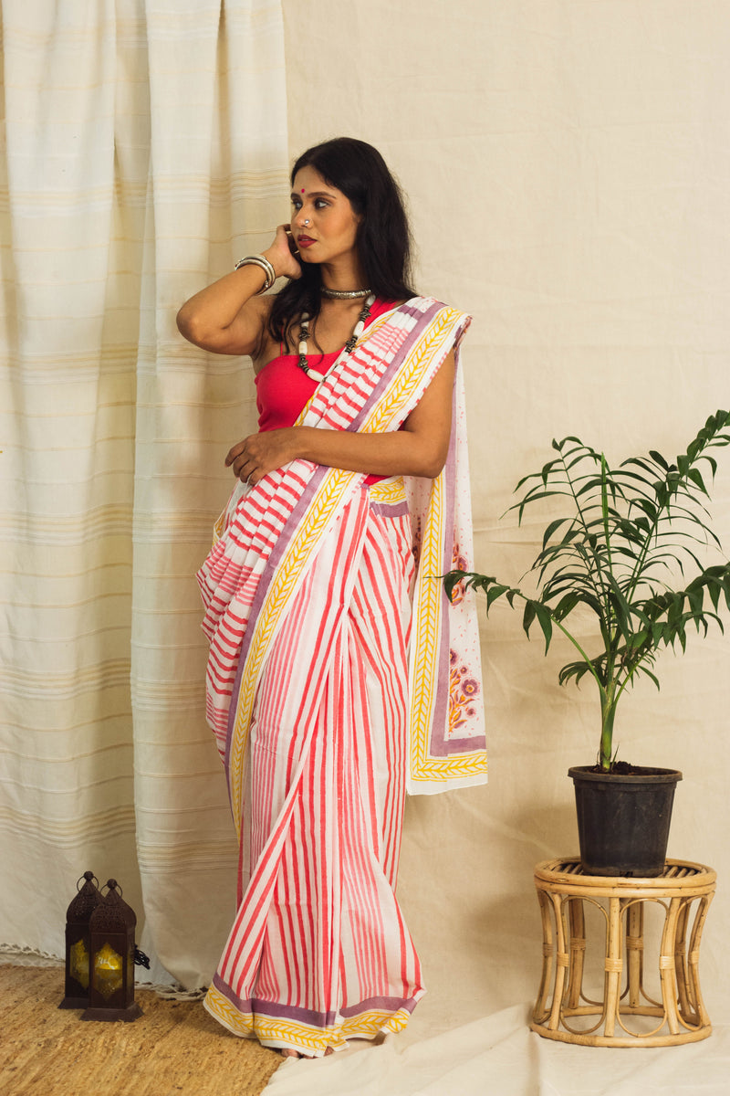 Mul Cotton Block Printed Saree • Indian Barbie Stripes-3