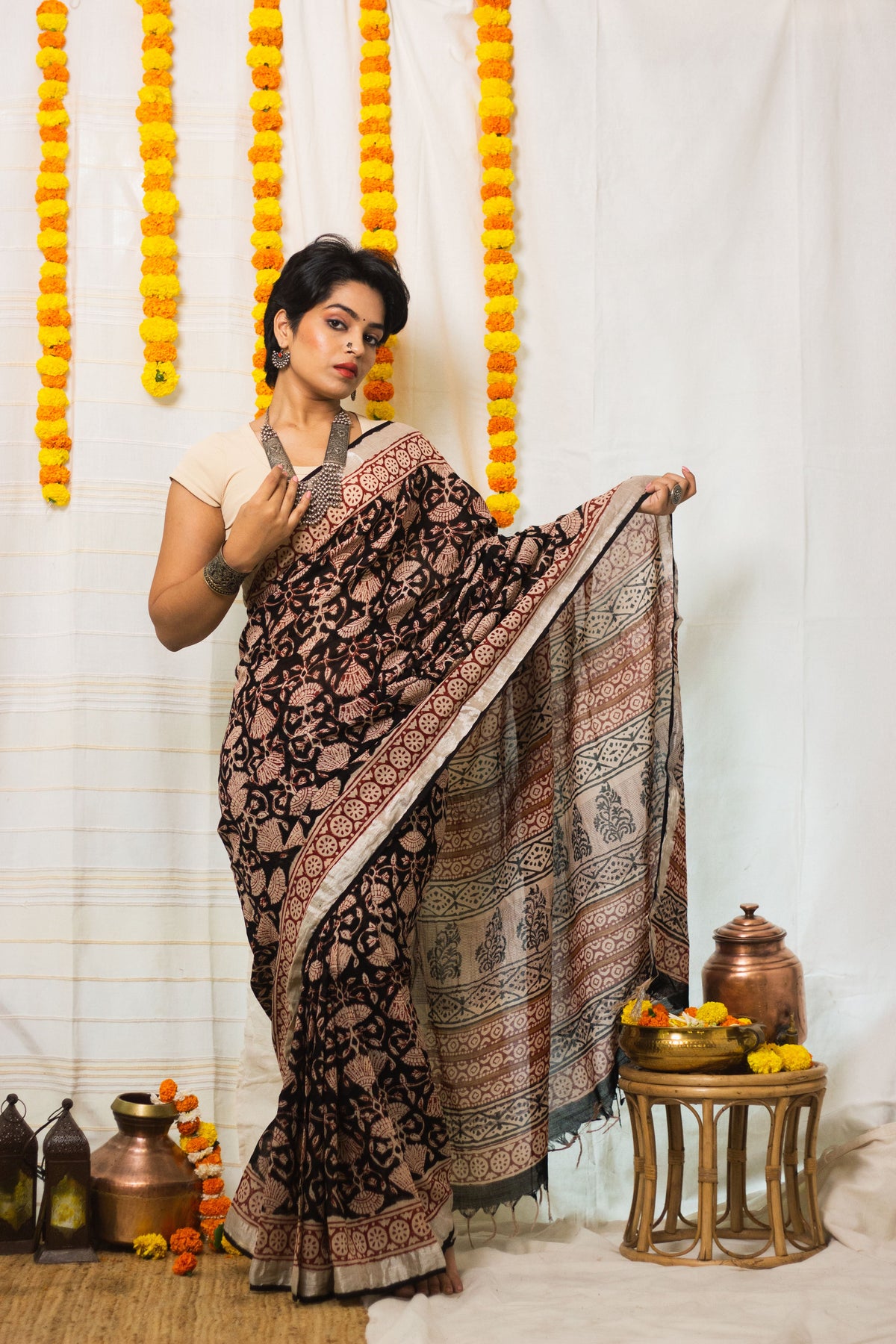 Linen Cotton Bagru Saree Raat Rani-6