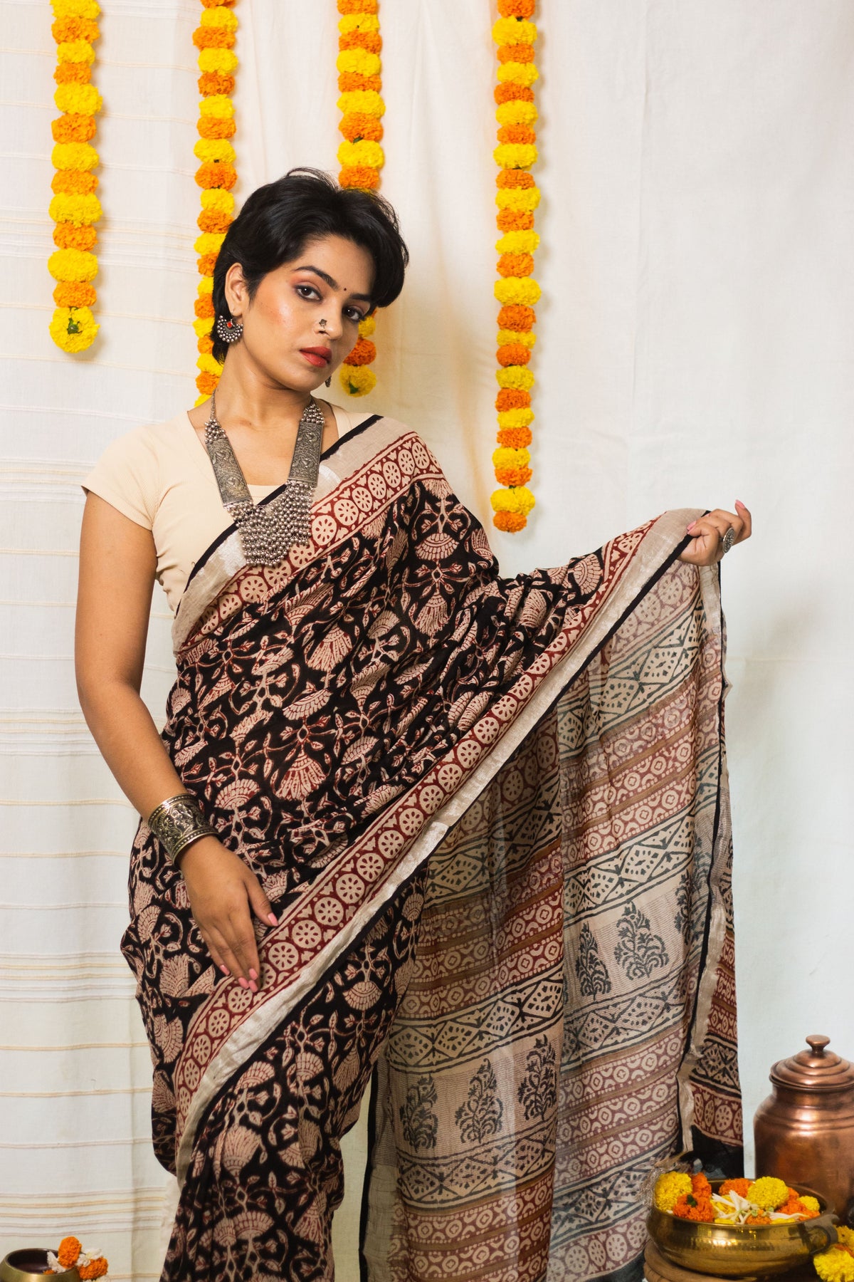 Linen Cotton Bagru Saree Raat Rani-7