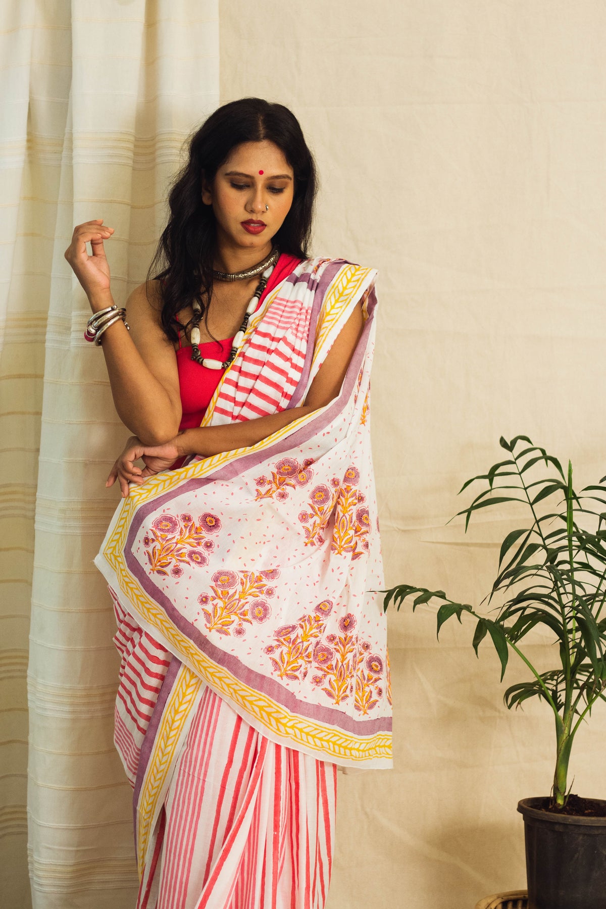 Mul Cotton Block Printed Saree • Indian Barbie Stripes-4