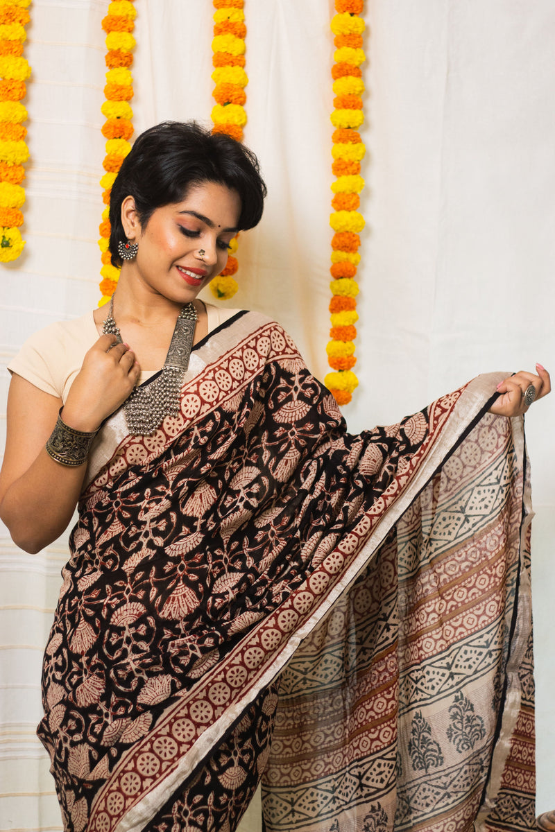 Linen Cotton Bagru Saree Raat Rani-8