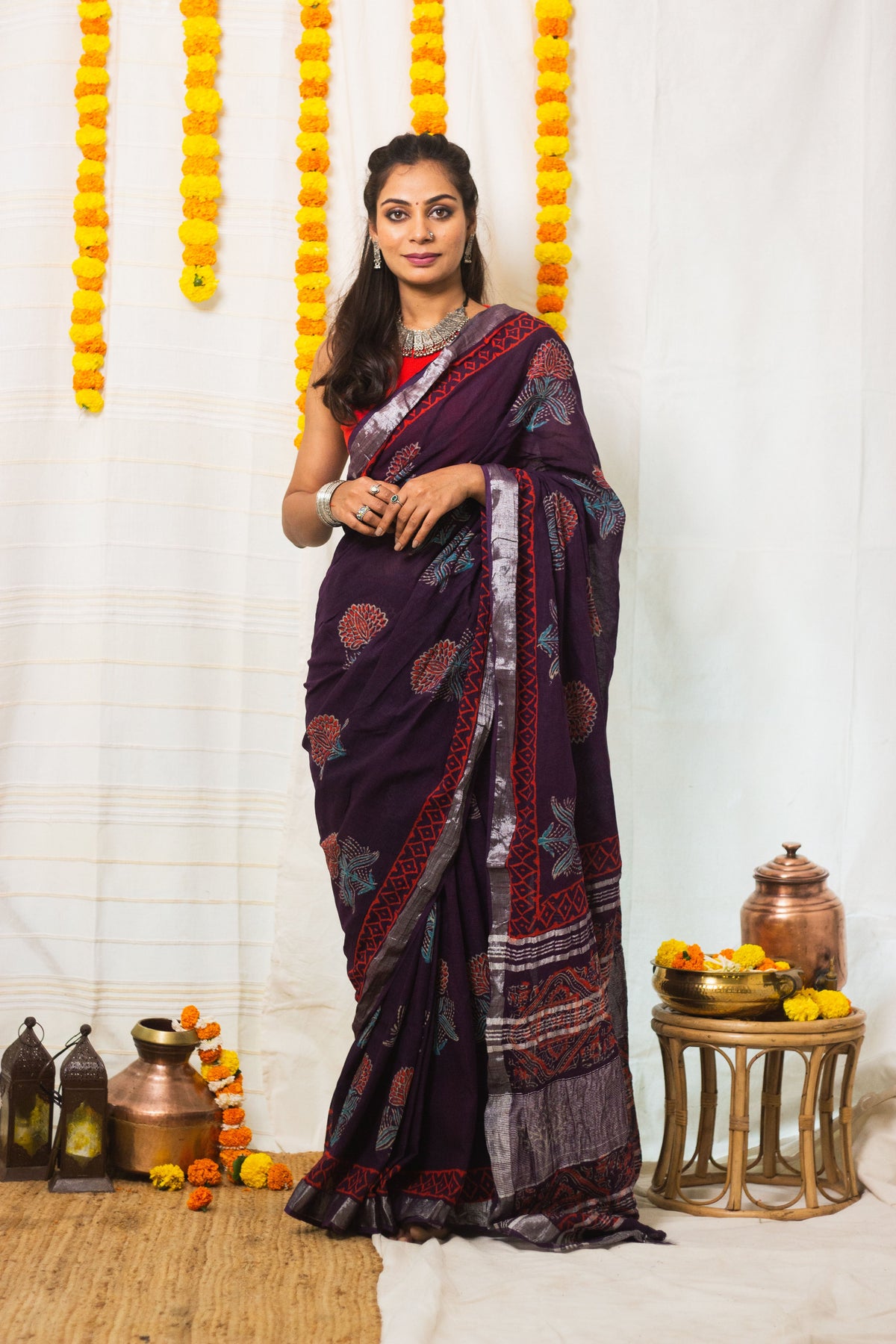 Linen Cotton Bagru Saree Purple Blossom-5