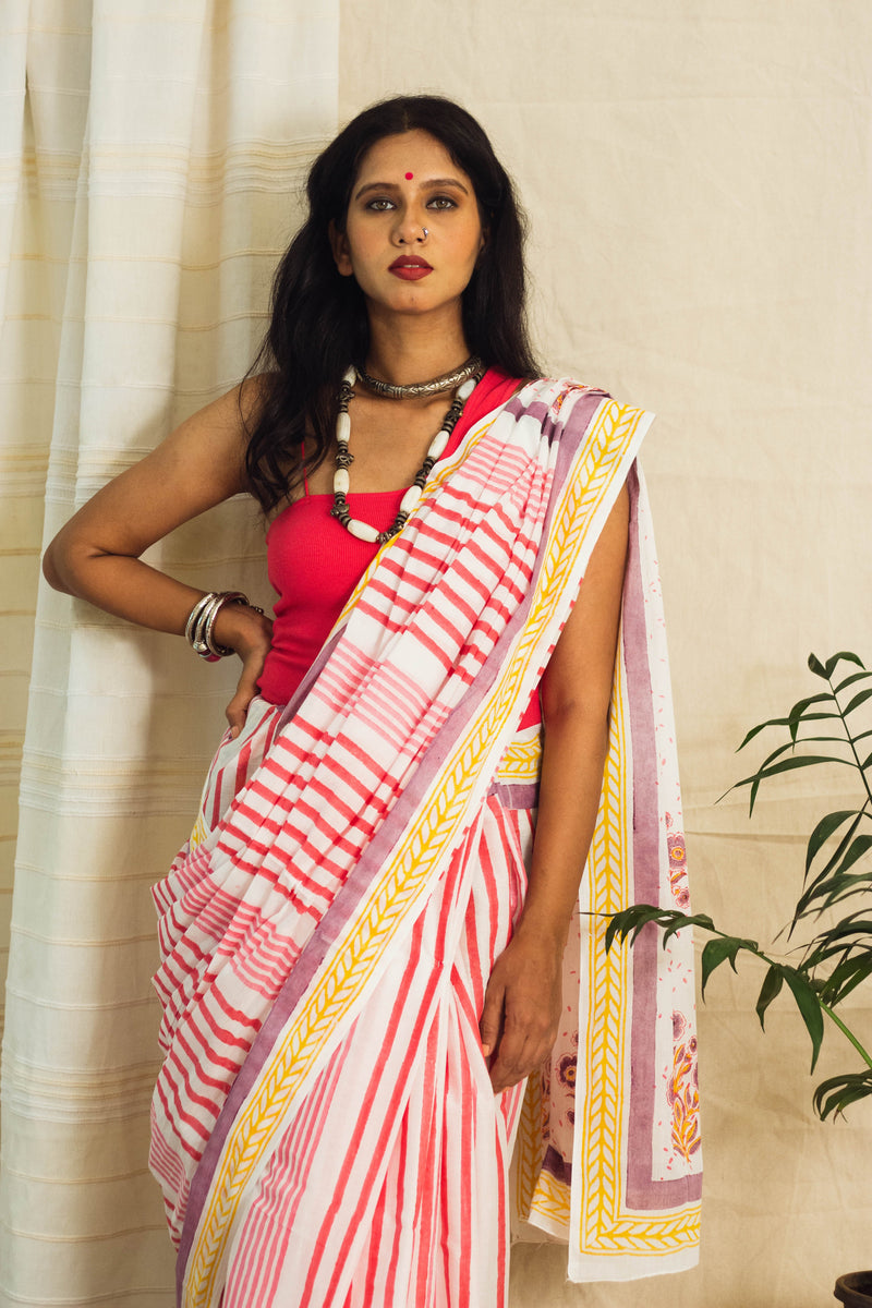 Mul Cotton Block Printed Saree • Indian Barbie Stripes-5