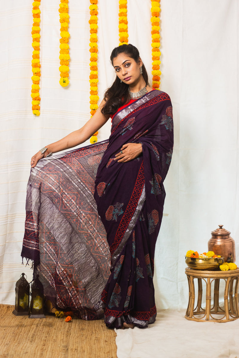 Linen Cotton Bagru Saree Purple Blossom-1