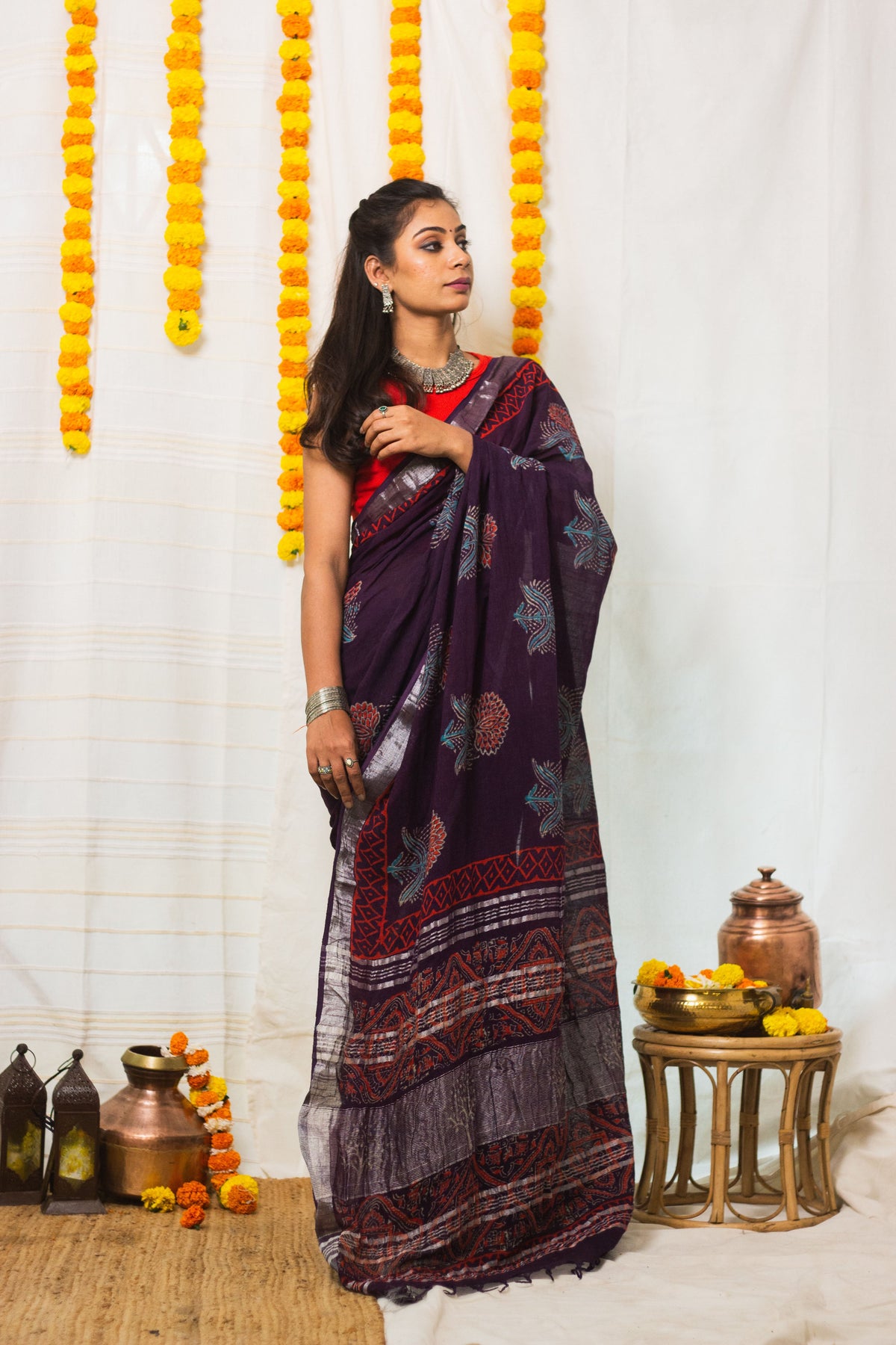 Linen Cotton Bagru Saree Purple Blossom-2
