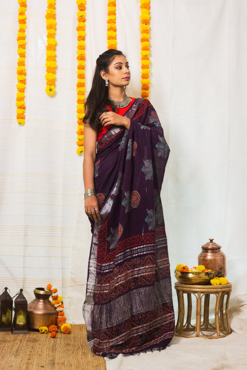 Linen Cotton Bagru Saree Purple Blossom-2