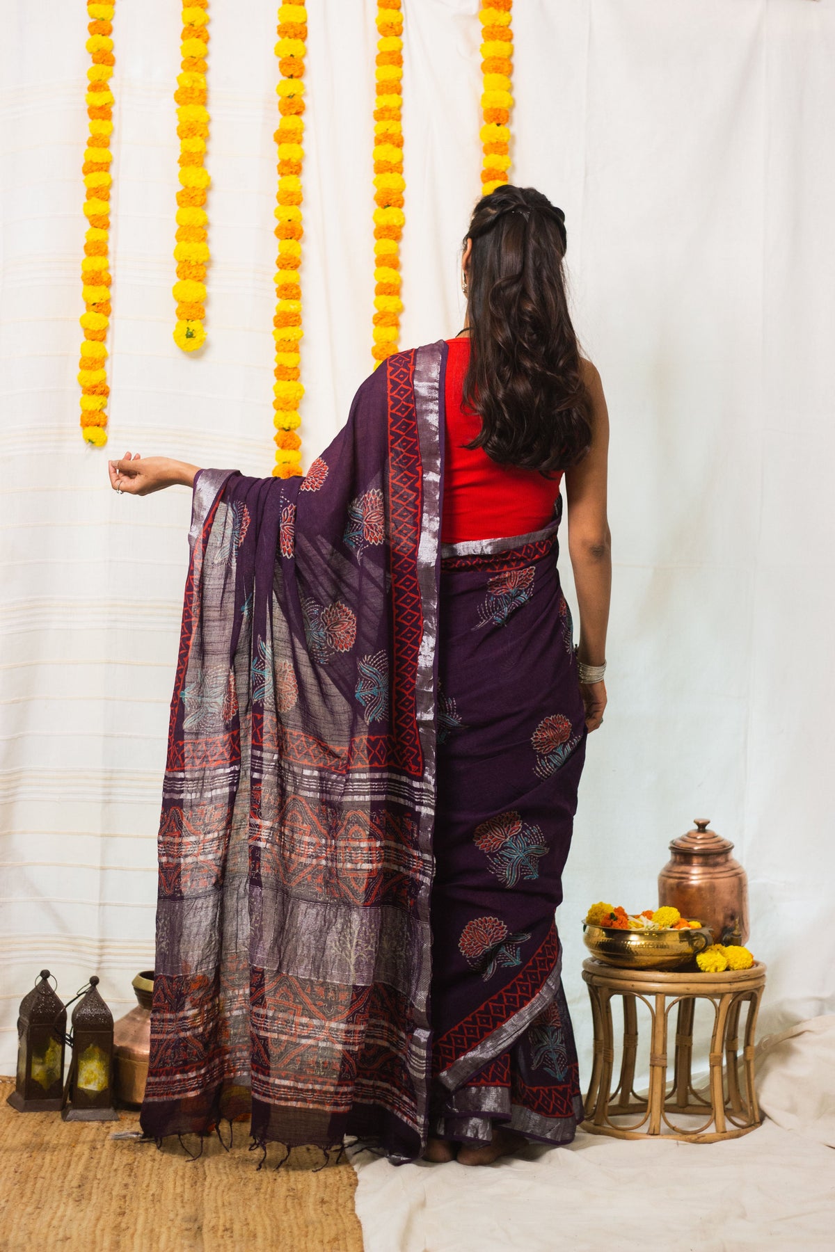 Linen Cotton Bagru Saree Purple Blossom-6