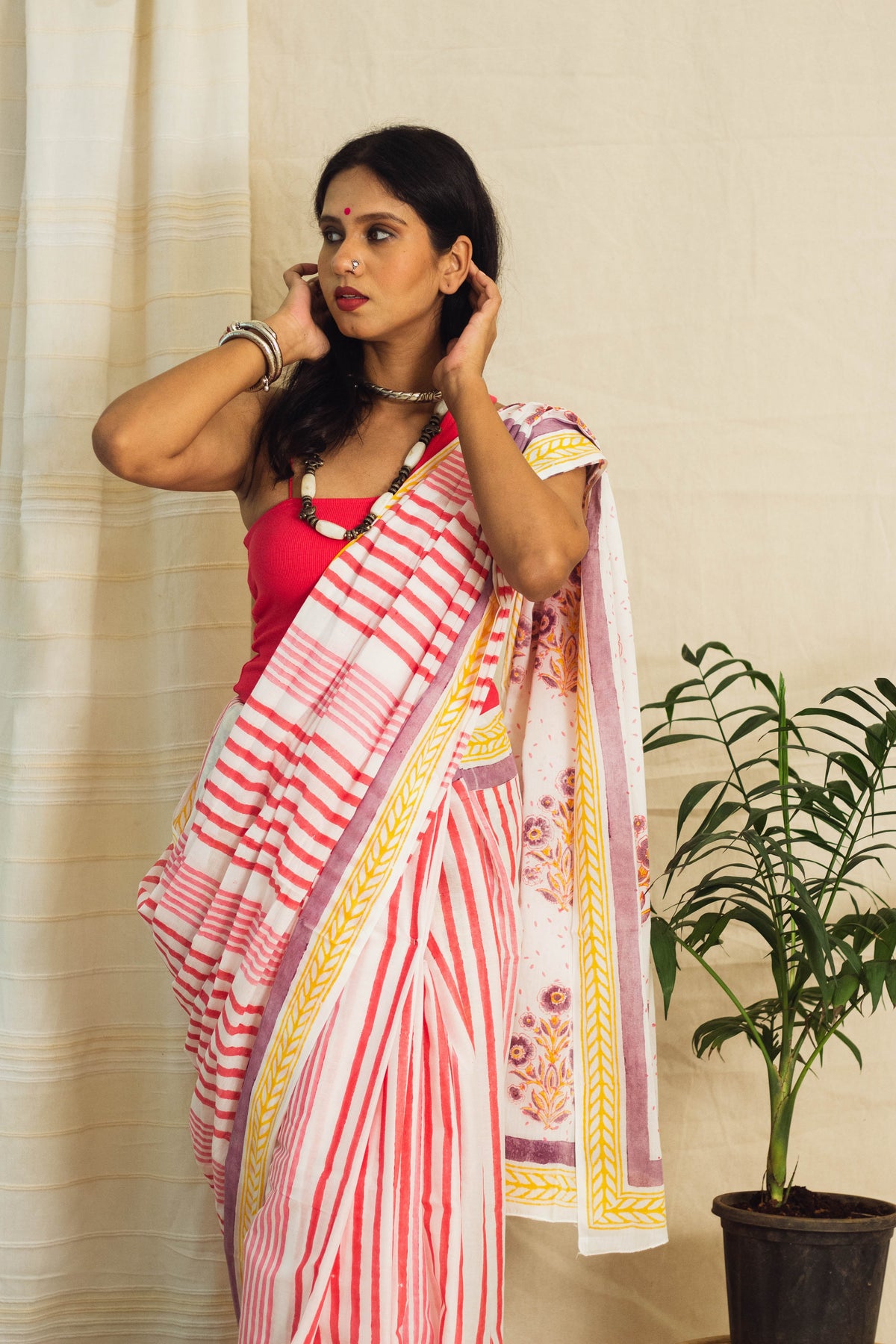 Mul Cotton Block Printed Saree • Indian Barbie Stripes-6