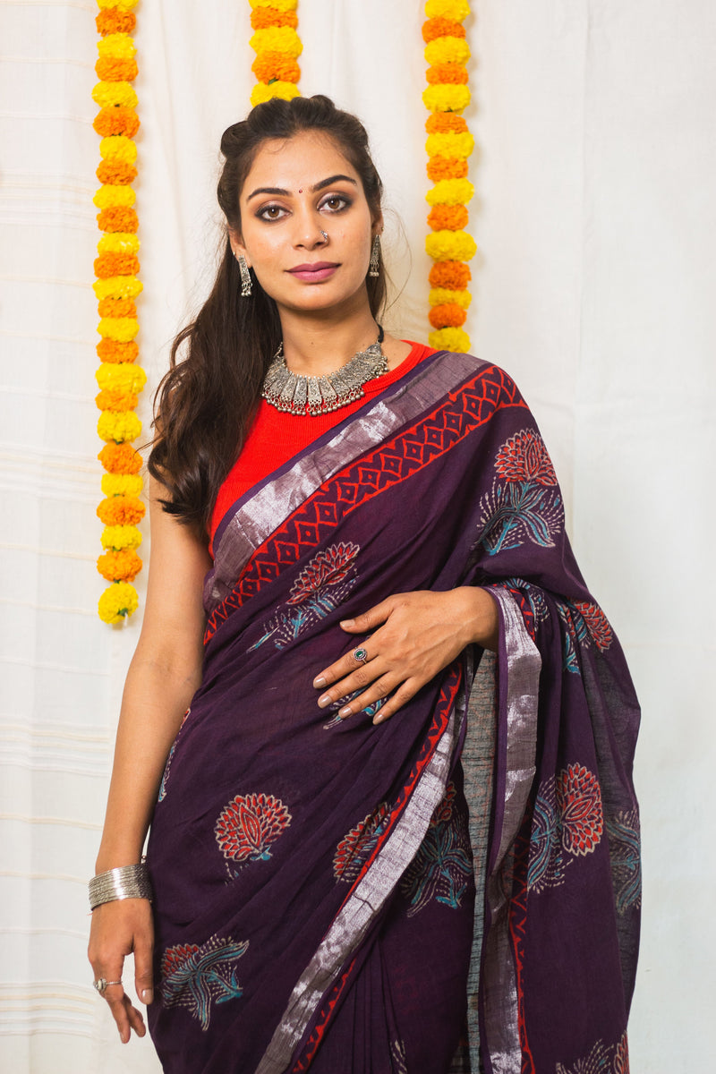 Linen Cotton Bagru Saree Purple Blossom-7