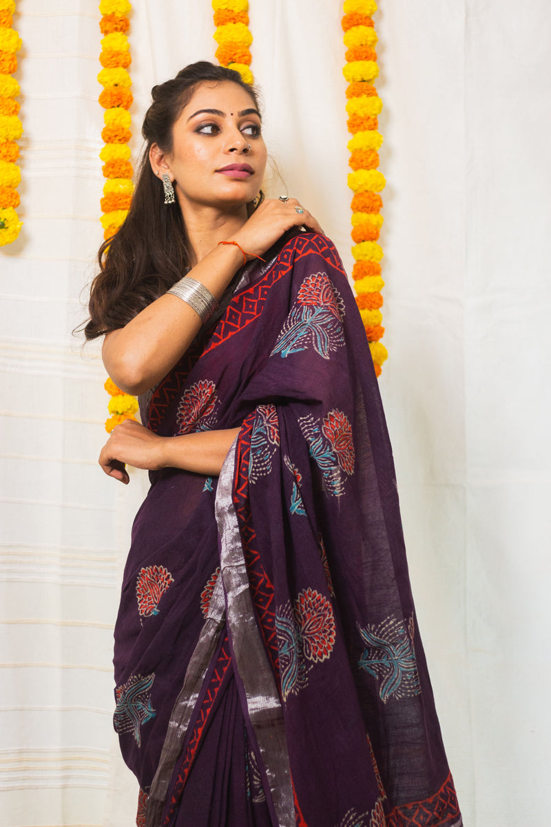 Linen Cotton Bagru Saree Purple Blossom-8