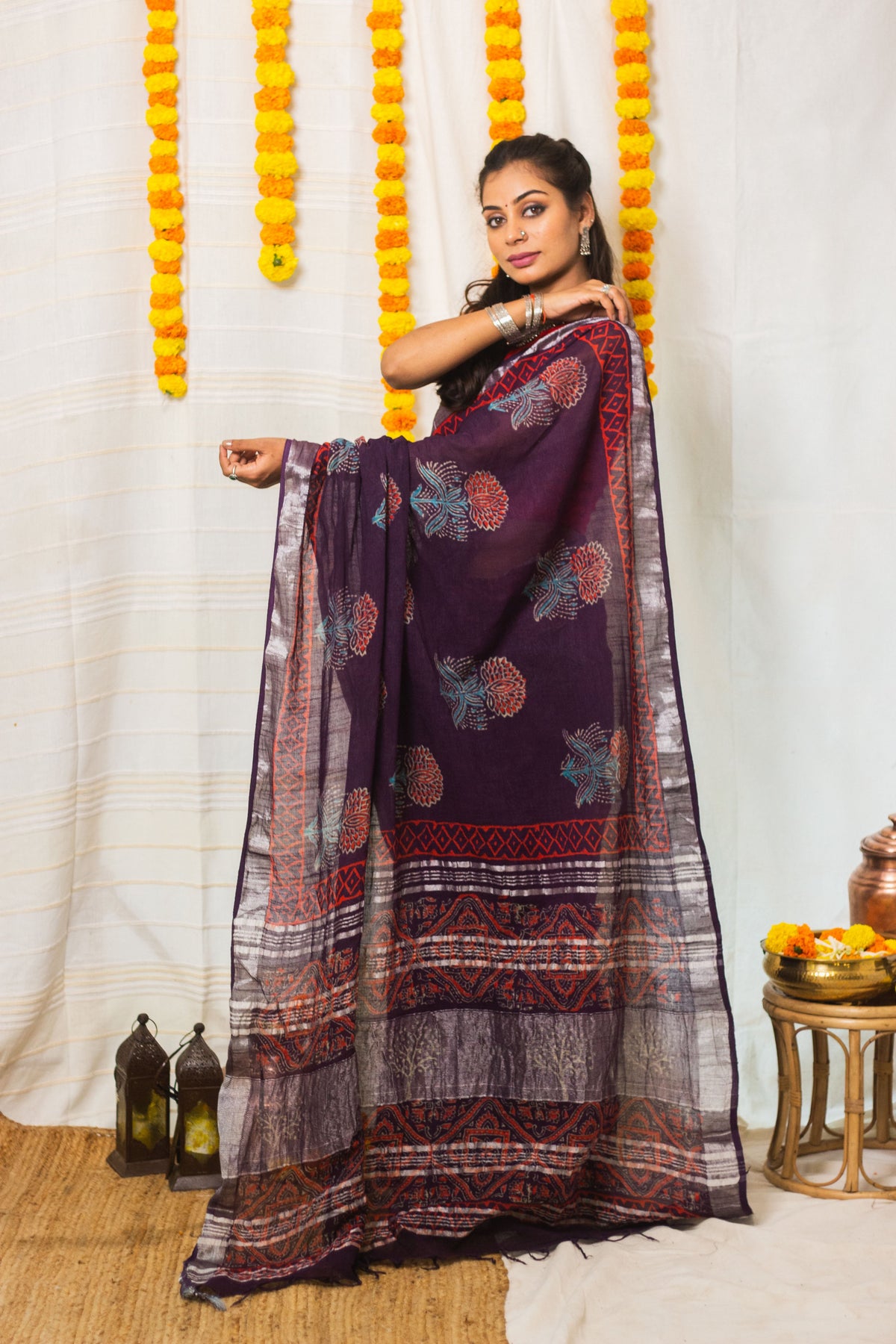 Linen Cotton Bagru Saree Purple Blossom-3