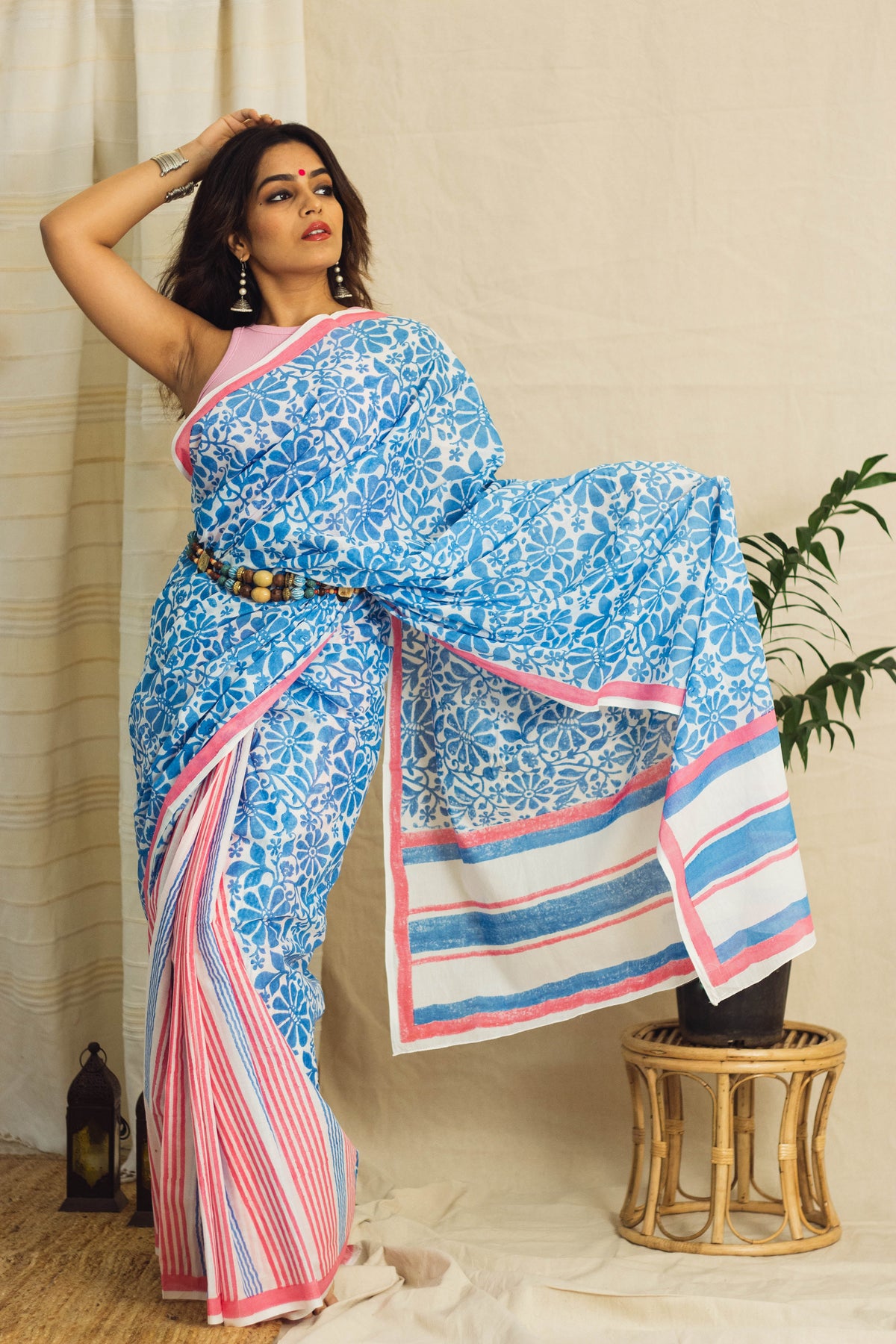 Mul Cotton Block Printed Saree • Cool Floral Stripes-1