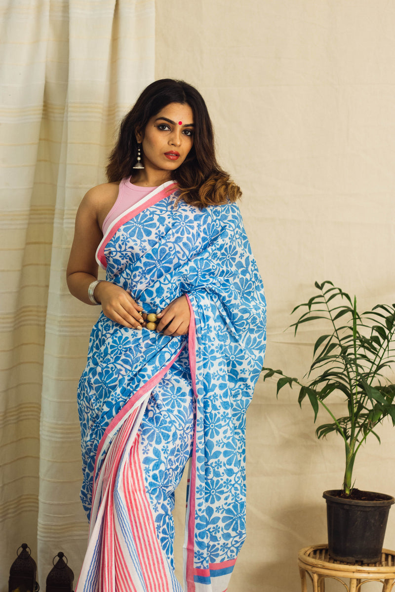 Mul Cotton Block Printed Saree • Cool Floral Stripes-5