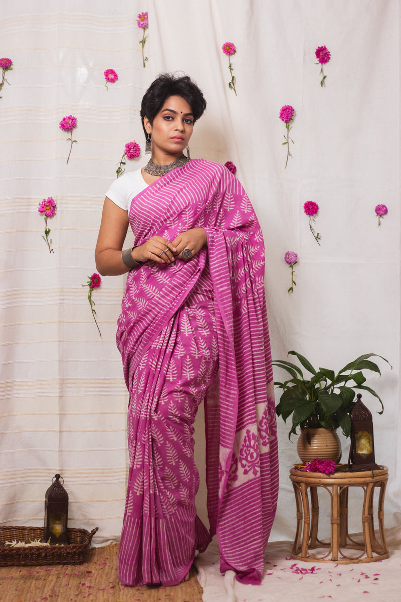 Cotton Mul Bagru Saree Pink Paradise-8