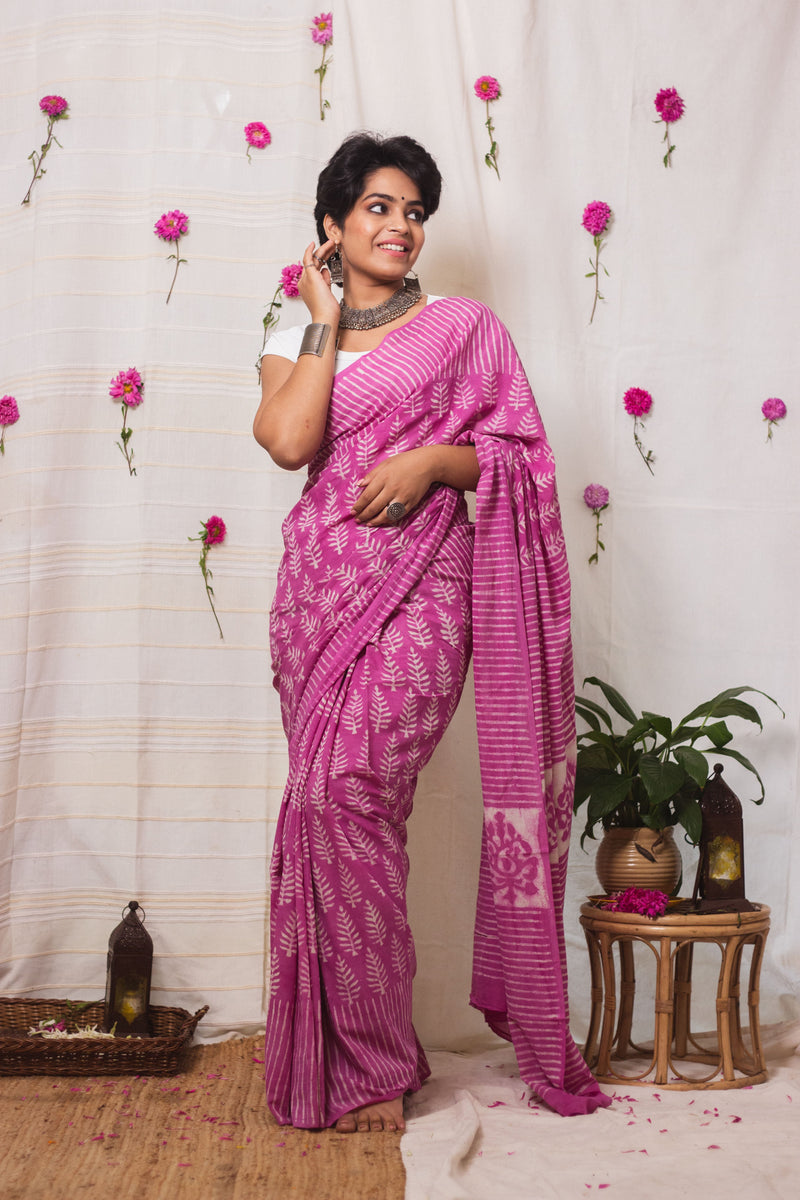 Cotton Mul Bagru Saree Pink Paradise-7