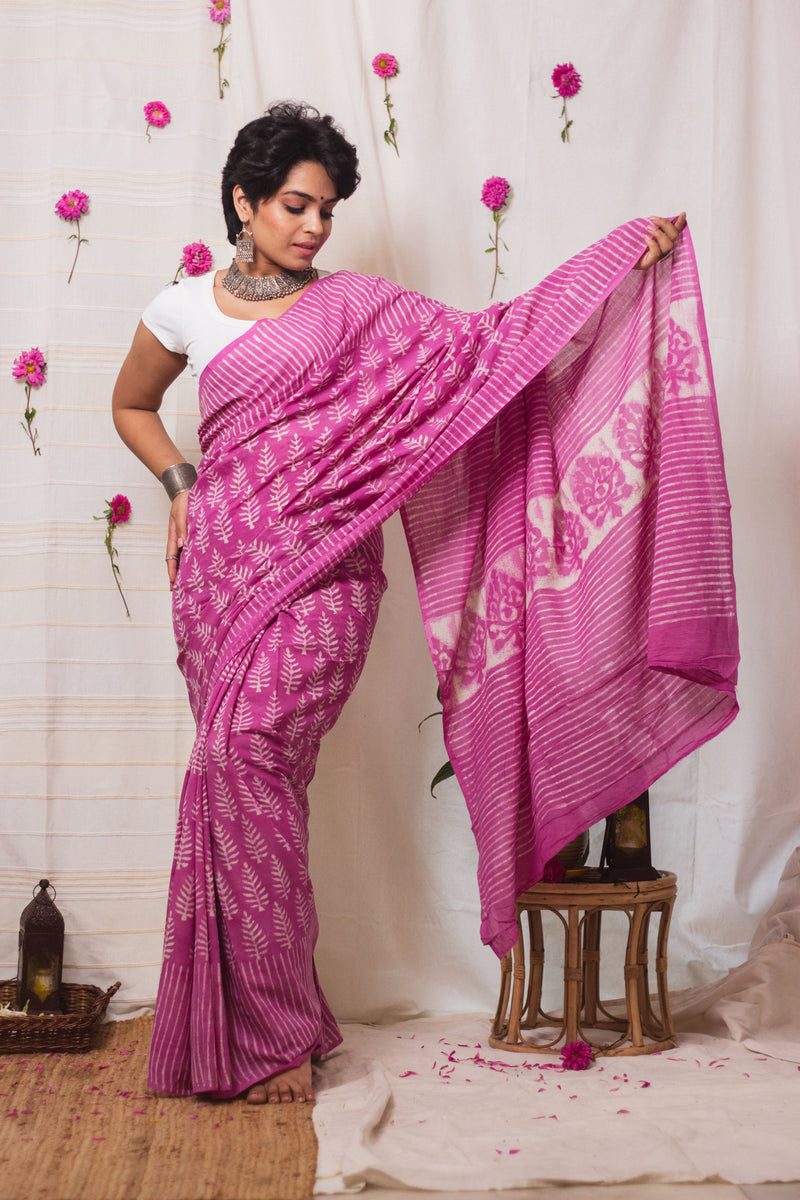 Cotton Mul Bagru Saree Pink Paradise-6