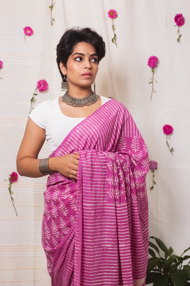 Cotton Mul Bagru Saree Pink Paradise-2