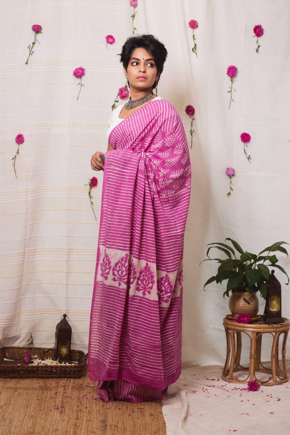 Cotton Mul Bagru Saree Pink Paradise-5