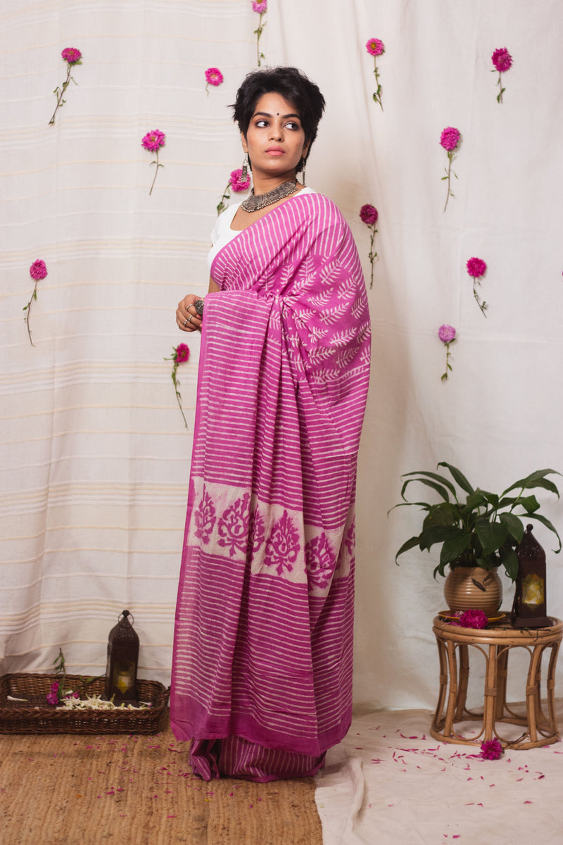Cotton Mul Bagru Saree Pink Paradise-5