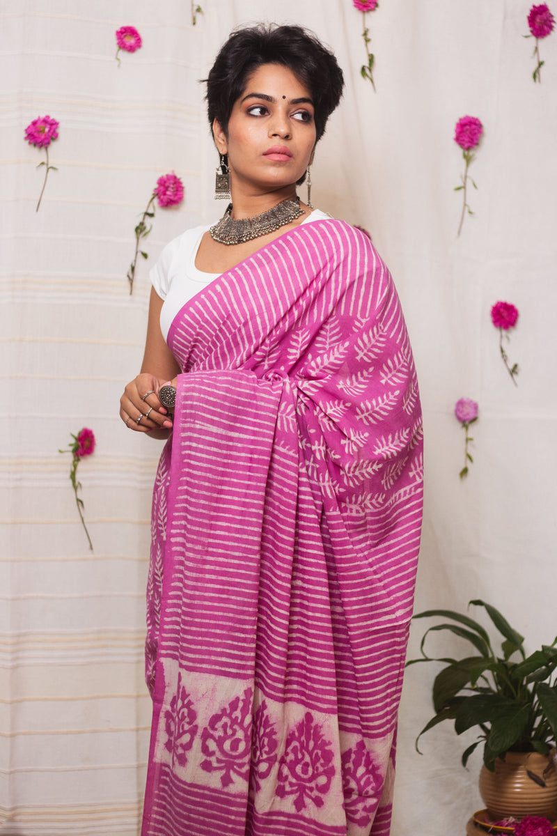 Cotton Mul Bagru Saree Pink Paradise-1