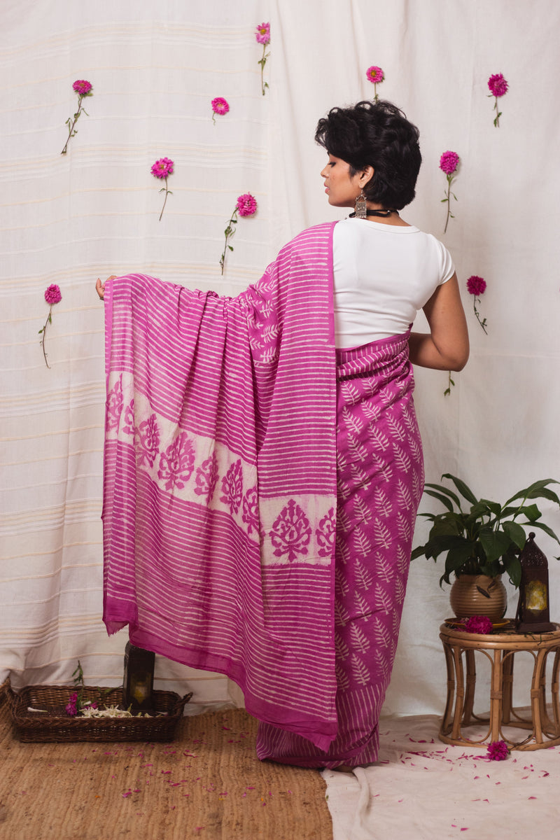 Cotton Mul Bagru Saree Pink Paradise-4