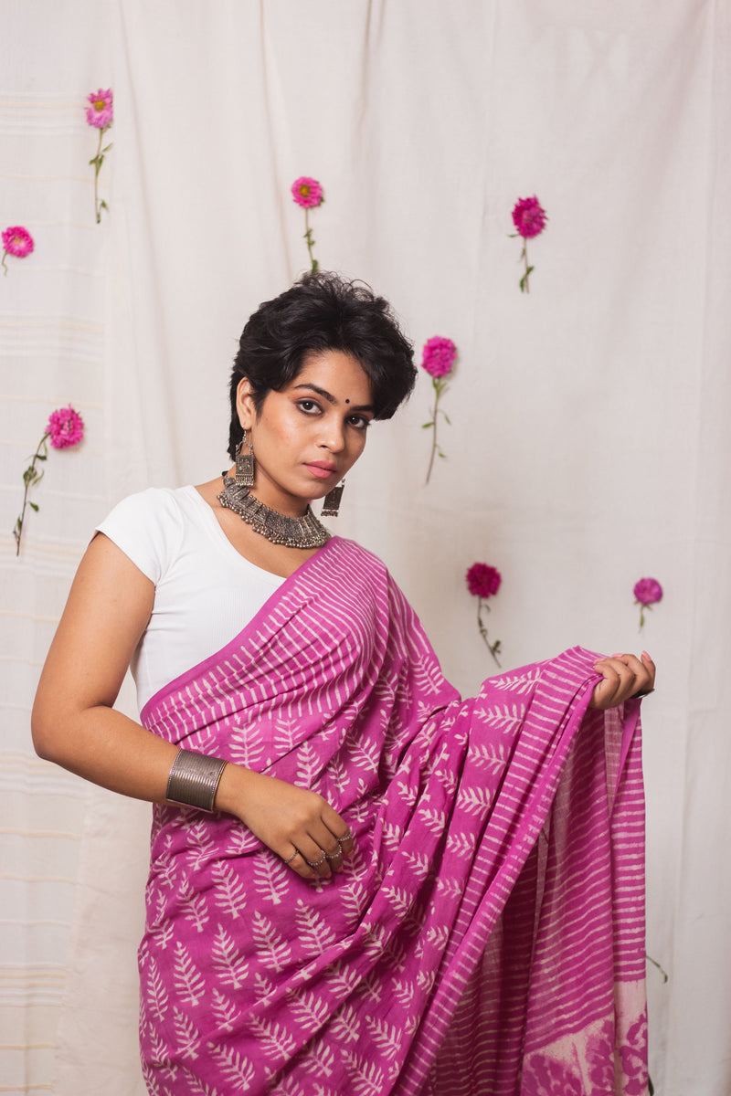 Cotton Mul Bagru Saree Pink Paradise-3