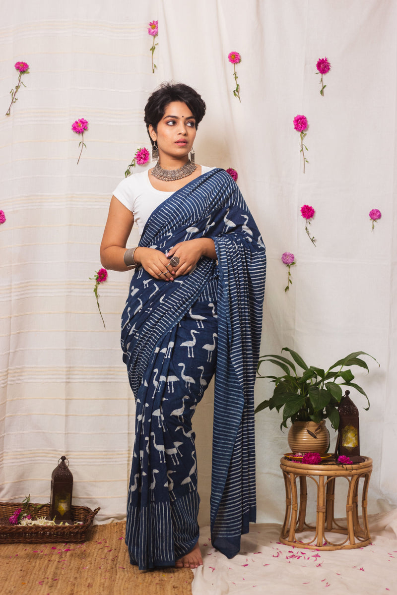 Cotton Mul Bagru Saree Indigo Flamingo-1