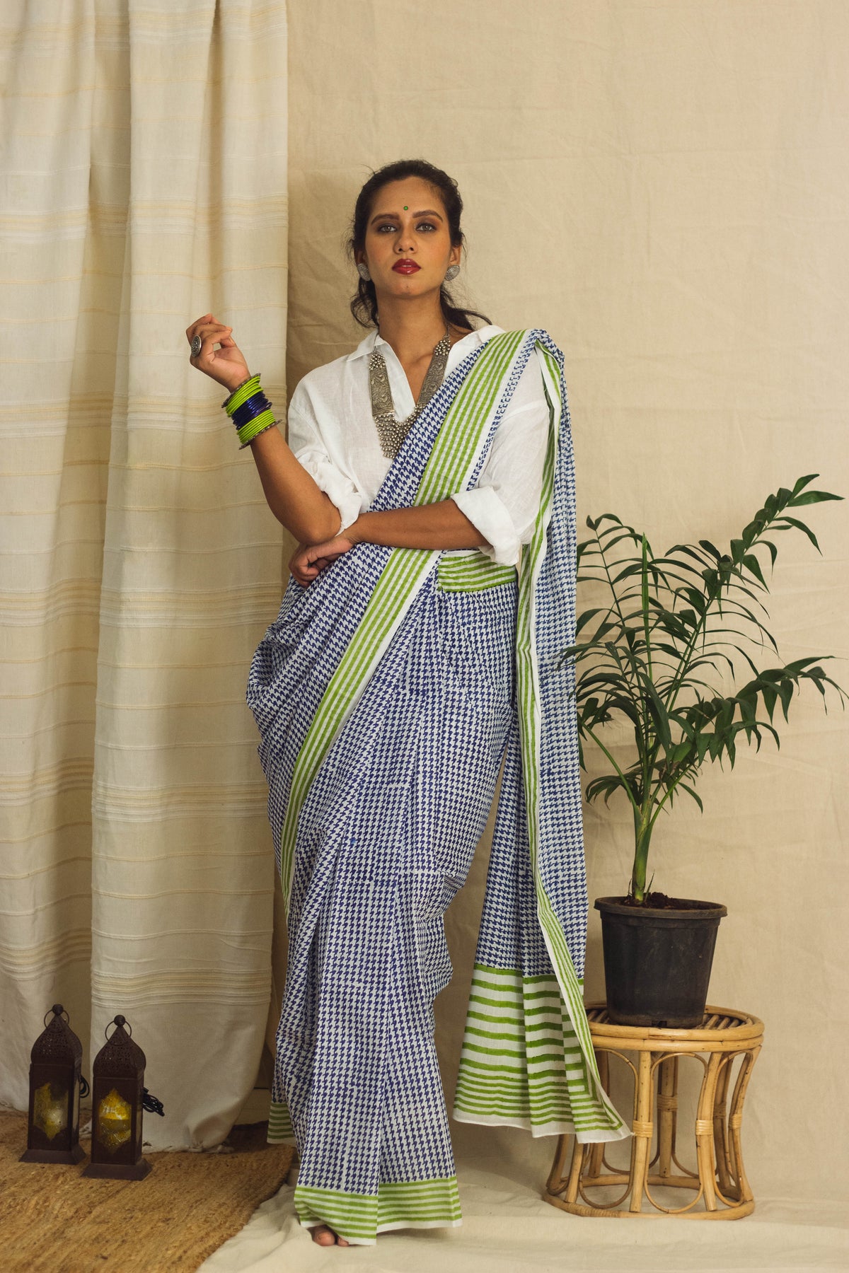 Mul Cotton Block Printed Saree • Houndstooth Royal-1