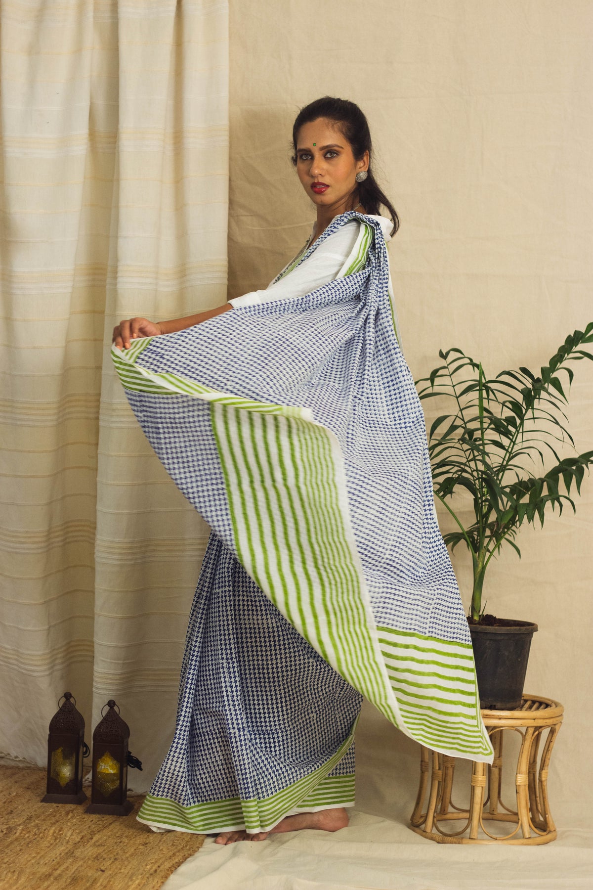 Mul Cotton Block Printed Saree • Houndstooth Royal-2